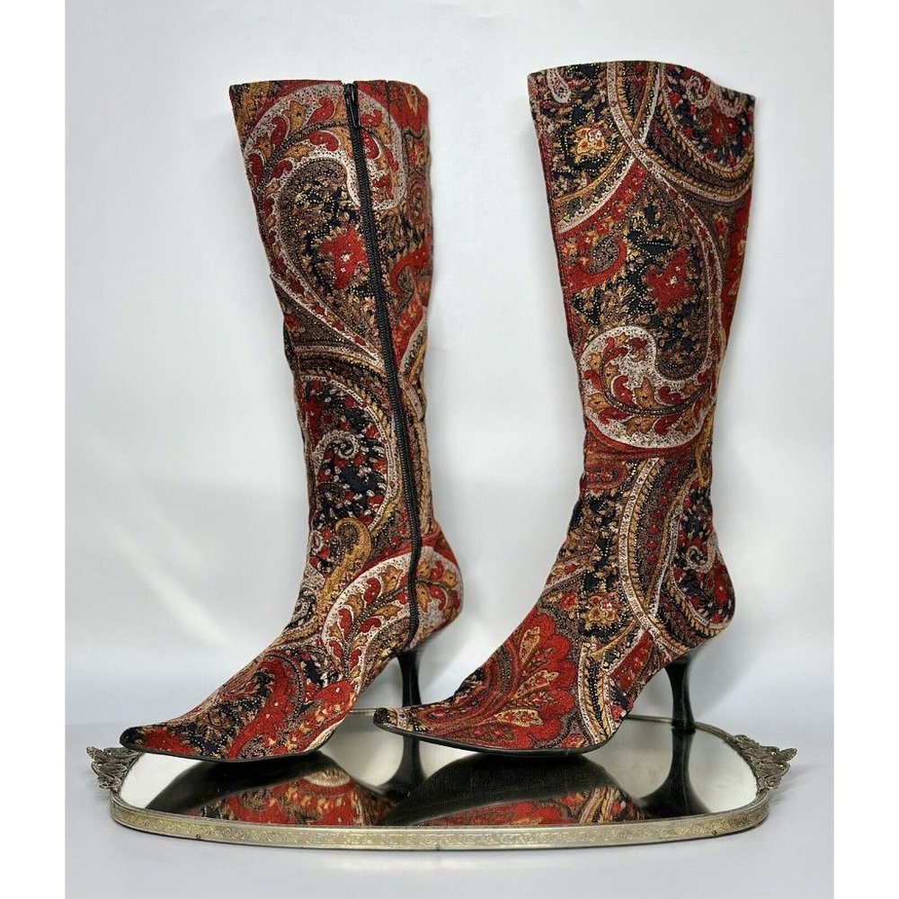 DIBA 9.5 Red Velvet Tapestry Paisley Knee High Boots Pointed Toe Kitten